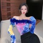 Fluffy Off-shoulder Long-sleeve T-shirt