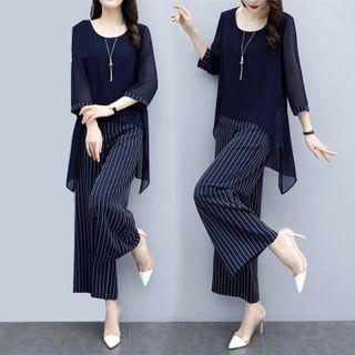 Set: 3/4-sleeve Asymmetrical Blouse + Striped Cropped Wide-leg Pants