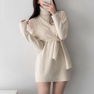 Turtleneck Knit Tie-strap Cutout Mini Dress