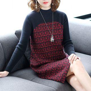 Mock Neck Print Panel Sweater Dress