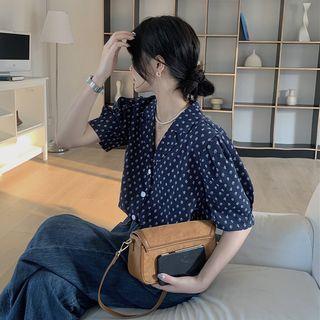 Short-sleeve Open-collar Floral Shirt Blue - One Size