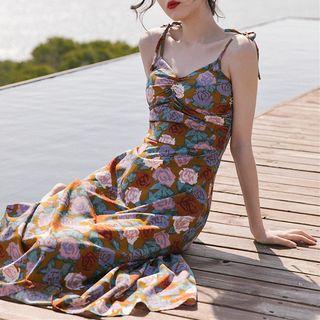Spaghetti Strap Rose Patterned A-line Midi Dress