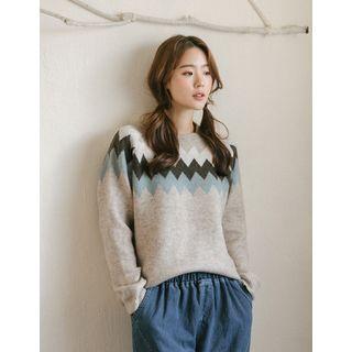 Raglan-sleeve Striped-panel Sweater Beige - One Size