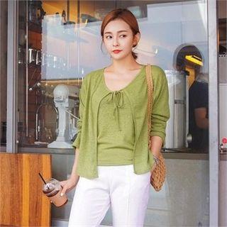 Set: Tie-front Linen Blend Cardigan + Spaghetti-strap Top
