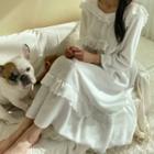 Long-sleeve Lace Trim Square-neck Sleep Dress White - One Size