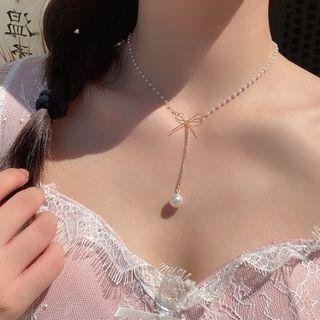 Faux Pearl Pendant Y Choker 1 Pc - Gold - One Size