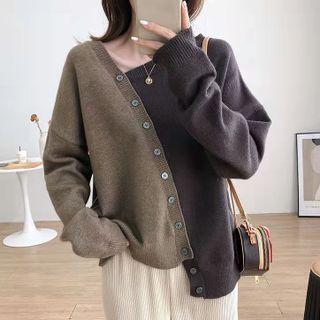 Asymmetrical Two-tone Button-up Knit Top