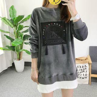 Mock Two-piece Applique Tasseled Detail Pullover Dress