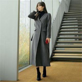 Collarless Snap-button Maxi Coat
