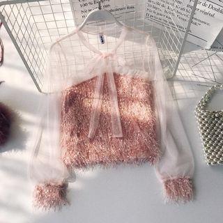 Long-sleeve Tie-neck Mesh Panel Fringe Top