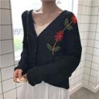 V-neck Flower Embroidered Cardigan
