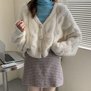 V-neck Cable Knit Cardigan / Plaid Mini A-line Skirt