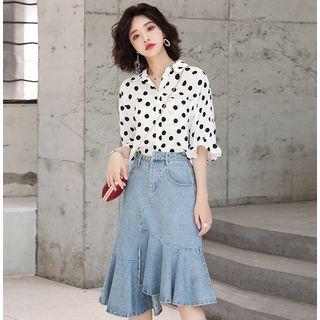 Set: Dotted Elbow-sleeve Shirt + Denim Midi A-line Skirt