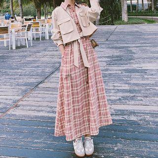 Long-sleeve Mock Two-piece Plaid Panel Dress