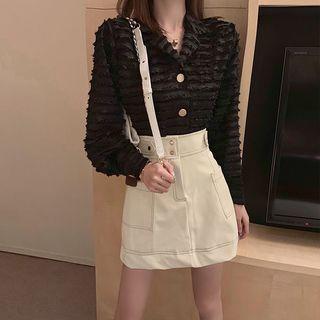 Layered Sheer Lace Shirt / Stitched A-line Skirt