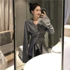 Plain V-neck Long-sleeve Slim-fit Shirt Dark Gray - One Size