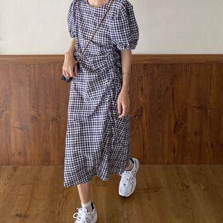 Plaid Short-sleeve Midi A-line Dress Black - One Size
