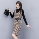 Set: Long-sleeve Knit Top + Houndstooth Pinafore Dress