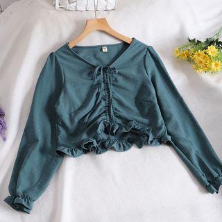 Drawstring Ruffled Long-sleeve Cropped Blouse