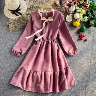 Bow-neck Ruffled Long-sleeve A-line Dress