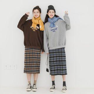 Plaid Midi Shift Skirt / Lettering Sweatshirt / Knit Scarf