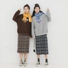 Plaid Midi Shift Skirt / Lettering Sweatshirt / Knit Scarf