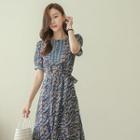 Puff-sleeve Patterned Long Dress Blue - One Size