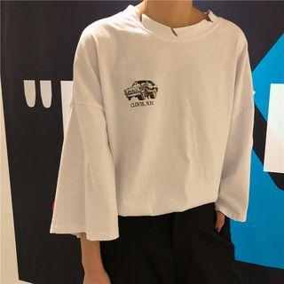 3/4-sleeve Ripped Printed T-shirt