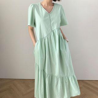 Elbow-sleeve Tiered Maxi A-line Dress