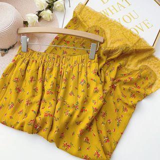 Floral Lace Trim Midi A-line Skirt
