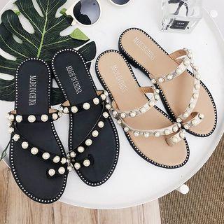 Faux Pearl Strappy Slide Sandals