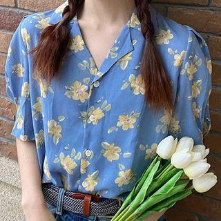Elbow-sleeve Floral Print Shirt Floral - Blue - One Size