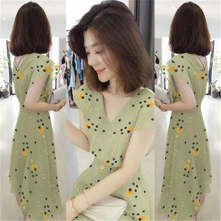 Dotted Cap-sleeve A-line Chiffon Dress