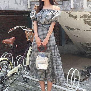 Set: Off-shoulder Check Blouse + A-line Skirt