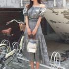Set: Off-shoulder Check Blouse + A-line Skirt