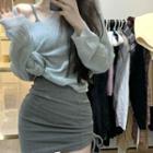 Long-sleeve Light Knit Top / Spaghetti Strap Drawstring Mini Bodycon Dress