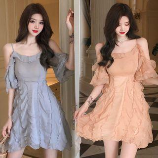 Cold-shoulder Shirred A-line Dress