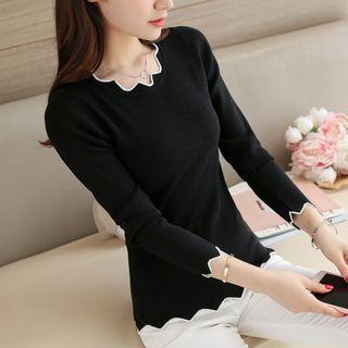 Scallop Trim Tipped Long Sleeve Knit Top