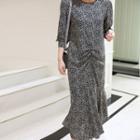Round-neck Shirred-trim Dotted Midi Dress