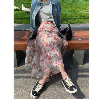 Floral Print Midi A-line Organza Skirt