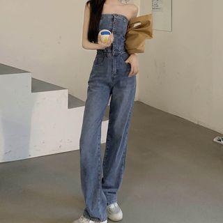 Strapless Denim Wide Leg Jumpsuit