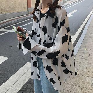 Long-sleeve Cow Print Shirt White - One Size