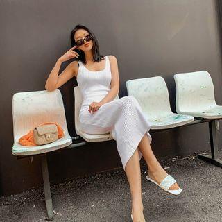 Plunge-neck Sleeveless Long Knit Dress