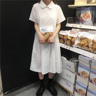 Short-sleeve Collared Midi A-line Dress White - One Size