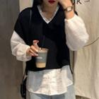 V-neck Knit Vest / Eyelet Lace Trim Blouse