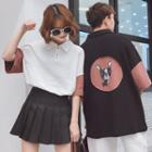 Color Block Half Zip Elbow-sleeve Polo Shirt