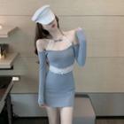 Long-sleeve Cold Shoulder Sheath Dress Grayish Blue - One Size
