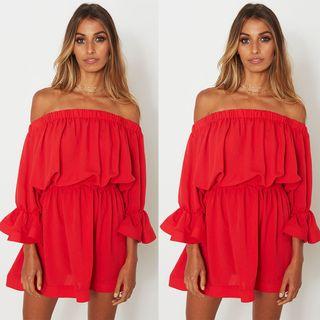 Off-shoulder Gathered Waist A-line Dress