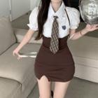 Short-sleeve Badge Embroidered Shirt / Pencil Skirt / Plaid Neck Tie / Set