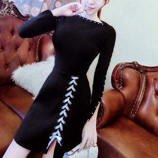Beaded Long-sleeve Knit Top/ Lace-up Mini A-line Skirt